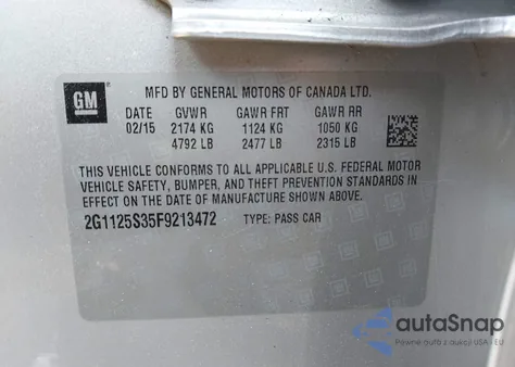 2015 Chevrolet Impala 2Lt from USA, damaged, VIN 2G1125S35F9213472